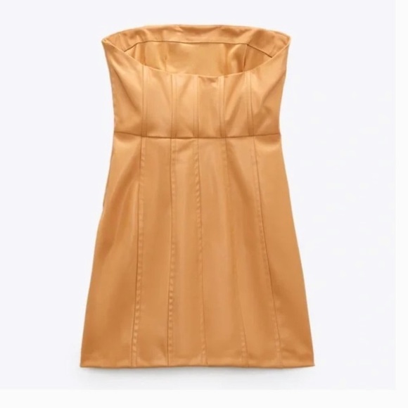 ✨LAST ZARA WOMAN NWT CARAMEL FAUX LEATHER DRESS SIZE MEDIUM - Picture 15 of 16